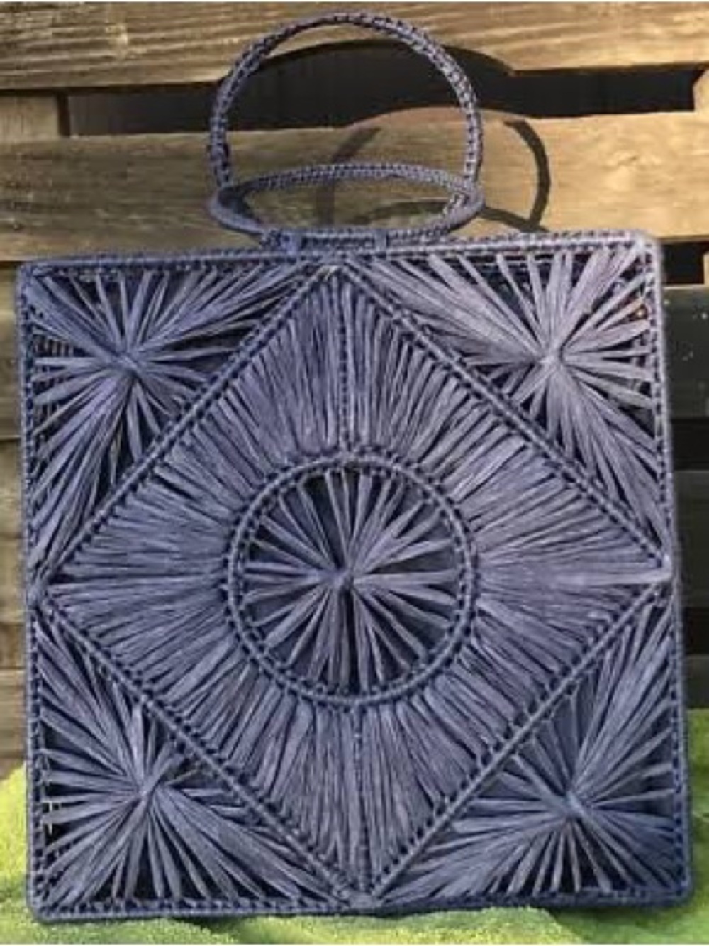 House of Harlow 1960 Navy Blue Sunburst Raffia Straw Square Tote Bag NWT